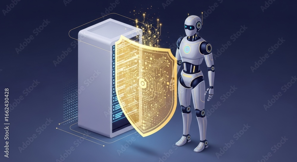 Poster cybersecurity illustration displaying data protection with a robot guardian concept