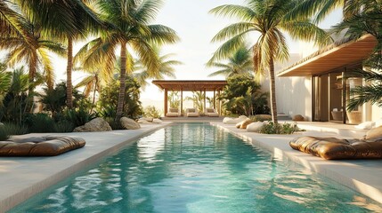 Fototapeta premium Luxurious tropical resort with a stunning infinity pool surrounded by palm trees offering serenity