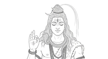 Detailed line art illustration of meditating hindu deity Shiva with serene