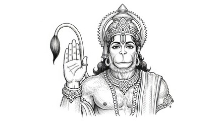 Hanuman deity line drawing, spiritual strength and devotion depiction art