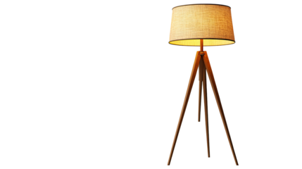 Wooden Tripod Floor Lamp with Fabric Shade and Warm Light Isolated on White Background