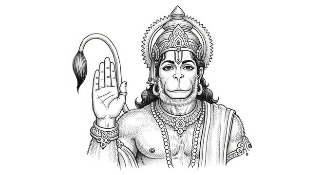 Hanuman deity line drawing, spiritual strength and devotion depiction art