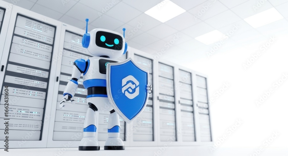 Poster friendly robot guardian protecting data servers with advanced cybersecurity shield