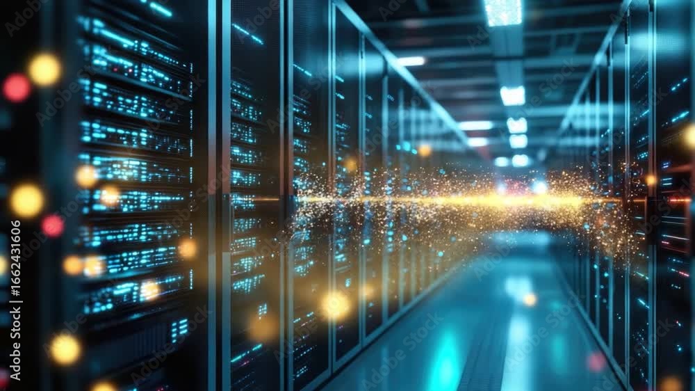 Aufkleber a vibrant, futuristic data center showcasing rows of server racks illuminated by blue and orange lig