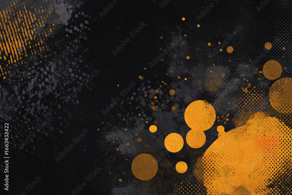 Poster abstract chaotic paint spots and circles with halftone effect on dark background. yellow and orange 