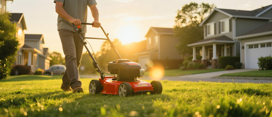 Lawn Mower Grass Cutting Yard Maintenance Suburban Home Sunset Garden Landscaping Equipment Residential