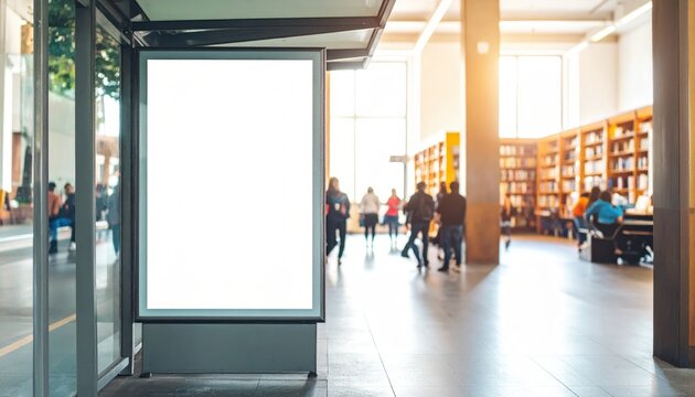 Blank Advertising Lightbox Mockup in a Sunlit Bustling University Library Hall.