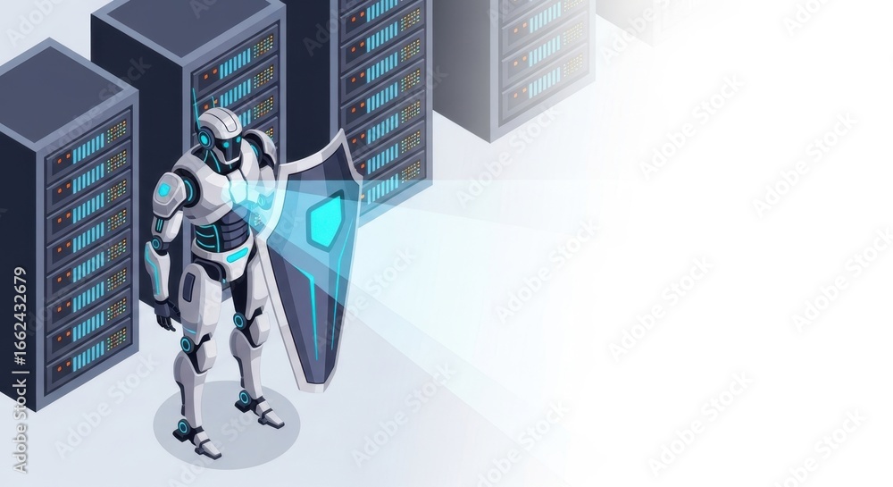 Poster cybernetic guardian of data centers a futuristic shield protecting server infrastructure