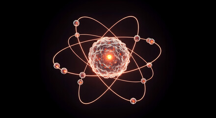 Digital 3D Atom Model with Glowing Core and Electron Paths, Scientific Concept