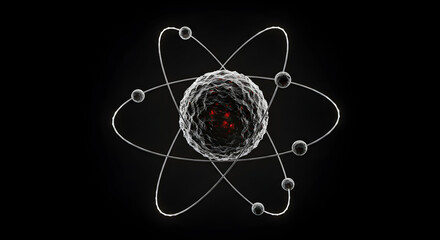 3D Atom Model with Orbiting Electrons on Black Background, Representing Science, Physics, and Technology
