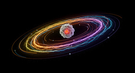 Vibrant Atomic Model with Energetic Electron Orbits and Glowing Trails