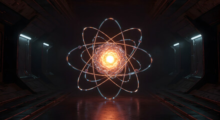Glowing Atomic Structure in Dark Futuristic Tunnel. Abstract Science, Technology, and Energy Concept.