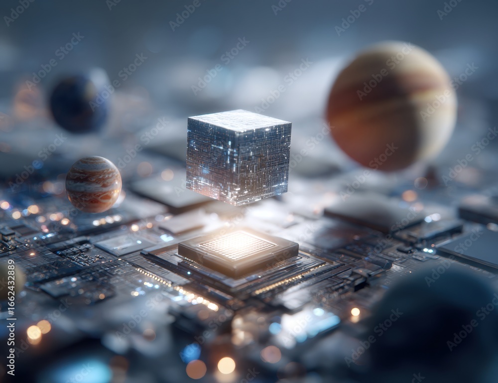 Poster close-up of a futuristic digital circuit board with glowing components and floating spheres