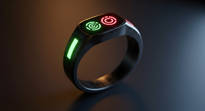 Futuristic Smart Ring with Glowing Green and Red Power Icons. High-tech wearable device concept. - Powered by Adobe
