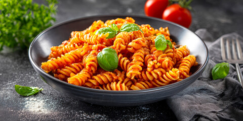Delicious Fusilli Pasta with Tomato Sauce and Fresh Basil Garnish