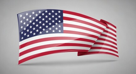 The American flag is displayed in a sleek, modern aesthetic with a slight gloss in a stylized, three-dimensional way against a neutral background. National symbol concept