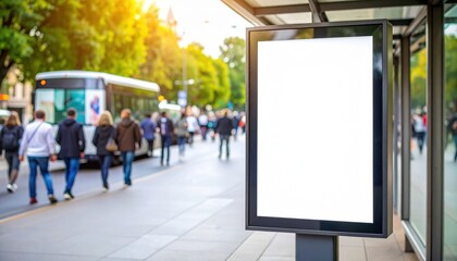 Blank Billboard Mockup at a Sunlit Bus Stop Amidst a Bustling City Street Scene.