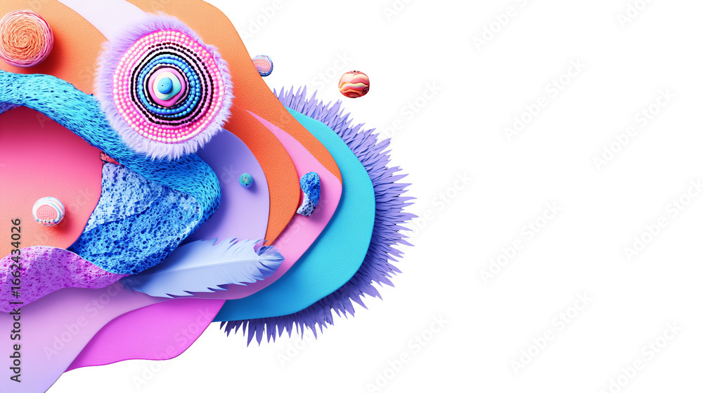 Poster Abstract rendering shows colorful shapes, spheres, and textures creating a vibrant composition on the left side.