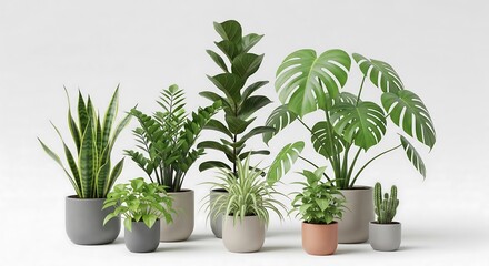 Obraz premium A collection of diverse potted houseplants, including snake plant, monstera, fiddle-leaf fig, and various others, arranged on a white background. Minimalist and visually appealing.