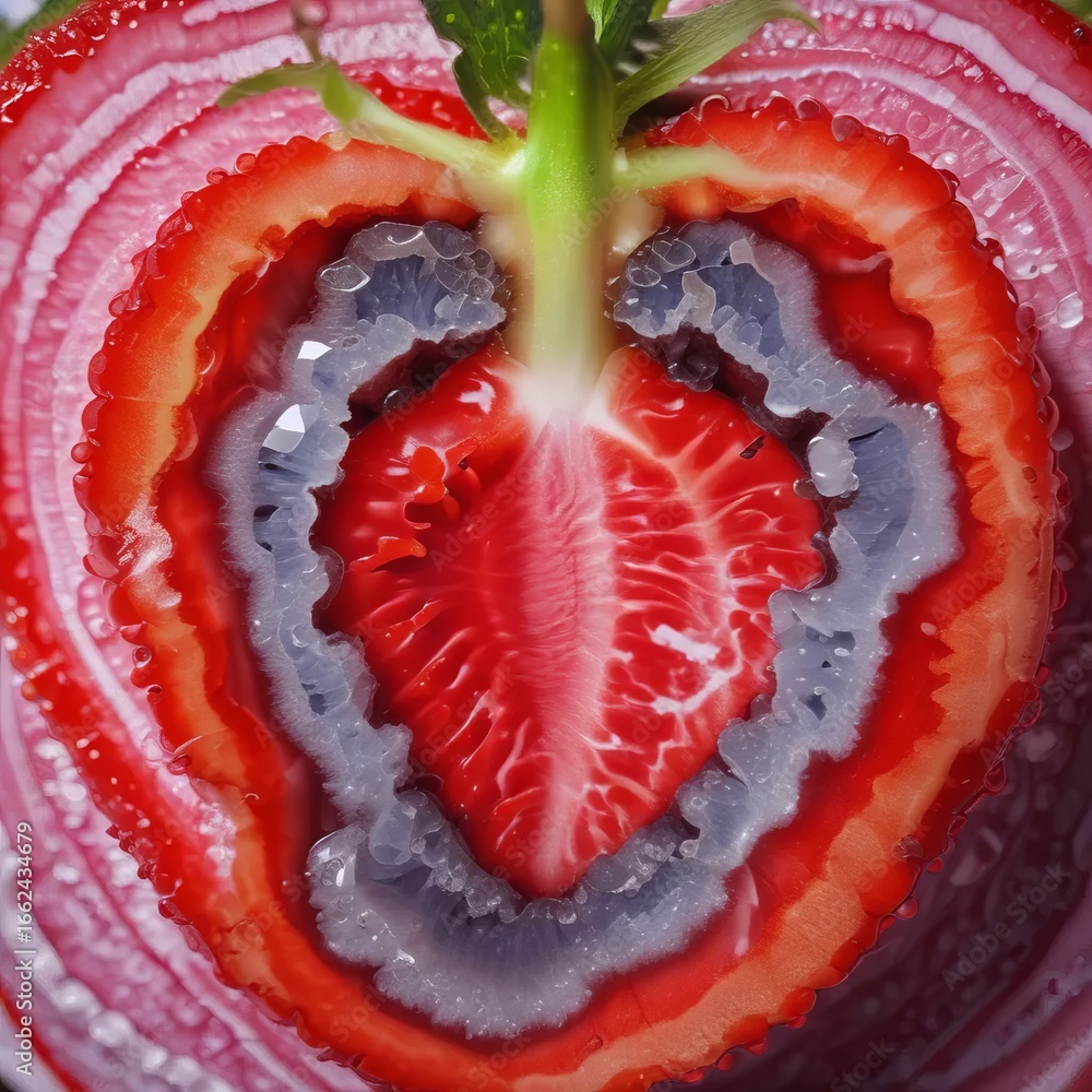 Poster a close up of a sliced strawberry with a unique texture and color palette, showing layers and detail