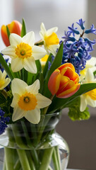 Vibrant Spring Flower Bouquet with Tulips and Daffodils in Glass Vase