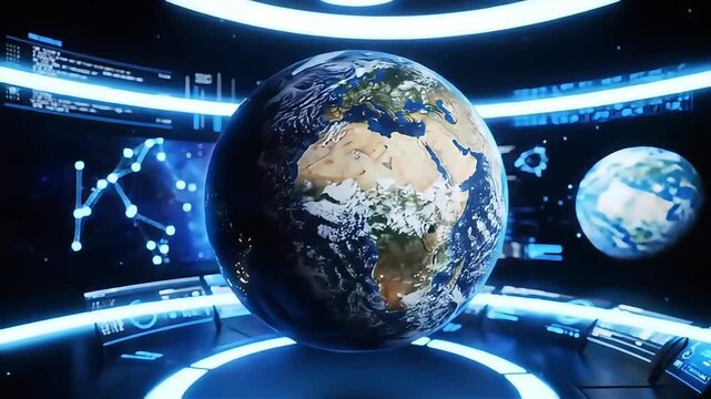 An AI animation with a modern technology theme showing the earth rotating slowly in a futuristic room