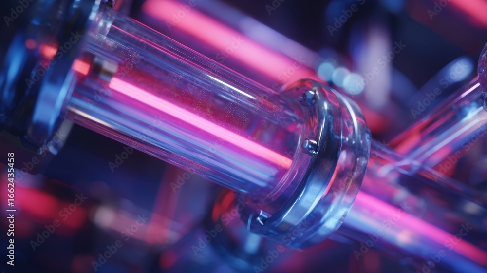 Poster close-up of a hand using a futuristic device with neon lights and holographic projections