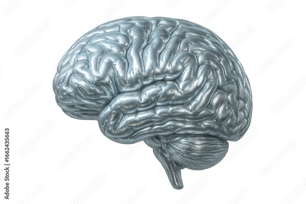 Poster silver anatomical brain model rotating on transparent background, symbolizing artificial intelligenc