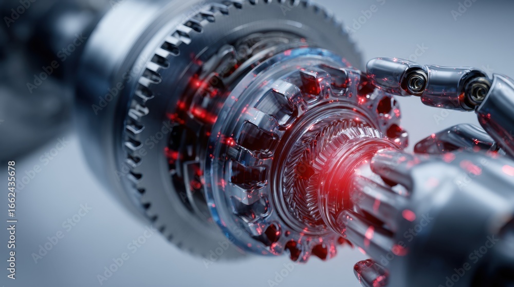 Poster close-up of a high-tech mechanical device with intricate components and glowing red light