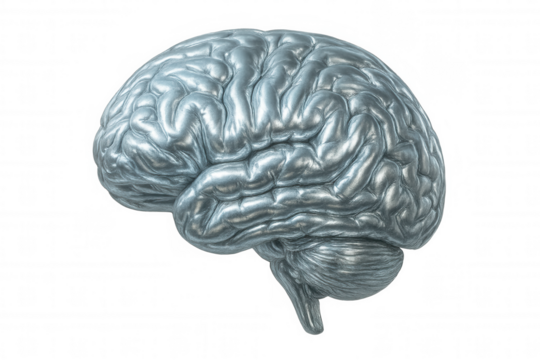 Silver anatomical brain model rotating on transparent background, symbolizing artificial intelligence and advanced technology