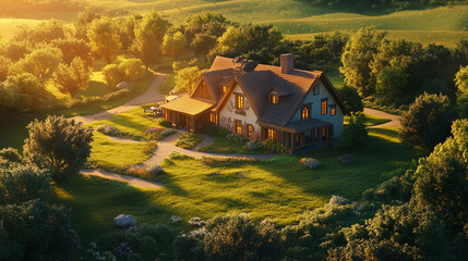 Scenic Rural House Surrounded by Lush Greenery and Sunset Light. Beautiful countryside residence amidst verdant landscape bathed in warm sunset hues, perfect for relaxation and connection with nature.