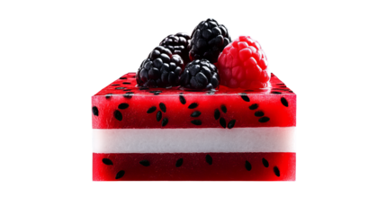 Berry dessert features red jelly layers with seeds, a creamy band, and is topped with fresh berries and a raspberry.