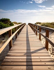 Wooden walkway on beach leads to horizon
