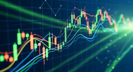 Realistic futuristic composition of a business growth trading graph with colorful candlestick indicators, trend lines, and financial data overlay on a modern abstract blue digital background