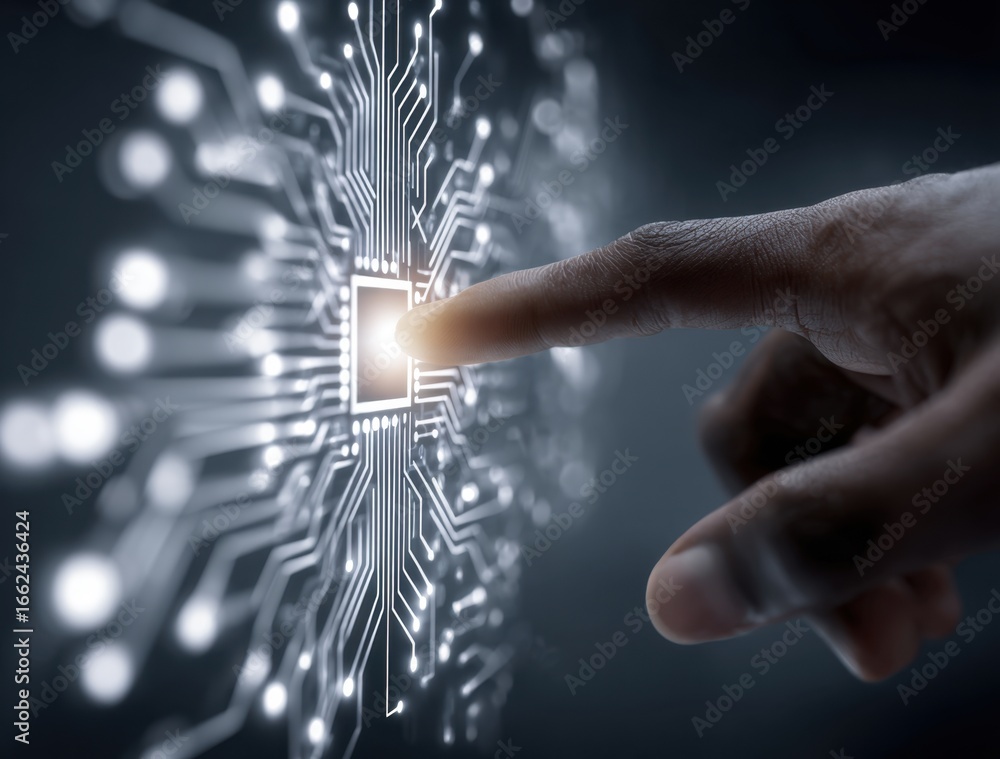 Poster close-up of a human finger interacting with a digital interface displaying glowing light patterns