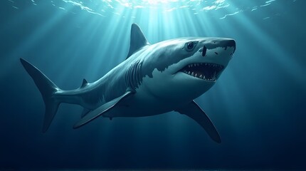Majestic Great White Shark Ascends Through Ocean Depths Radiating Power Underwater Predator in Natural Habitat