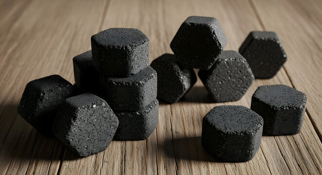 Hexagonal charcoal briquettes stacked on wooden surface.