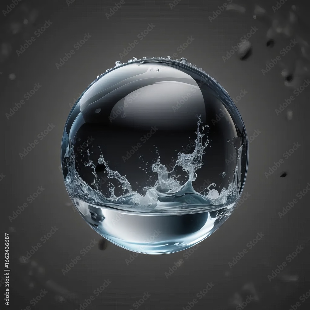 Poster close up shot of a water droplet with splash effect against a dark grey gradient studio background v
