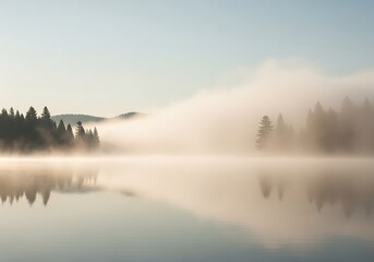 Obraz premium Misty lake reflections during a tranquil dawn in a serene natural landscape with coniferous forests