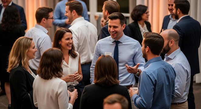 A lively group of professionals, predominantly men and women in business attire, are engaged in animated conversation at a networking event or corporate gathering. The atmosphere is friendly