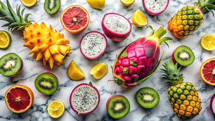 Vibrant exotic fruit flatlay on marble surface for healthy living