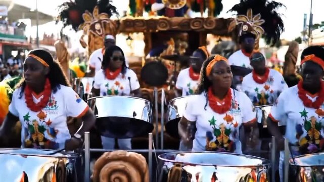 Rhythmic Carnival Steelpan Musicians in Trinidad and Tobago &ndash; A Vibrant Display of Cultural Celebration and Festive Joy in a Lively Street Parade