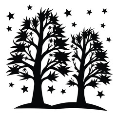 Black and white silhouette image of trees with star shaped leaves