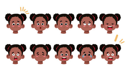 Black African American girl's facial emotions set.