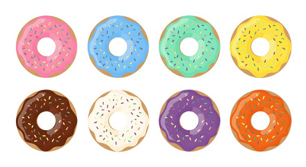 Fototapeta premium Eight colorful glazed donuts with sprinkles, arranged in a grid pattern on a white background.