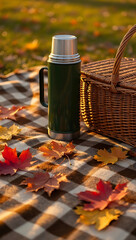 Cozy Autumn Picnic Scene with Thermos and Wicker Basket on Checked Blanket Surrounded by Colorful Fall Leaves