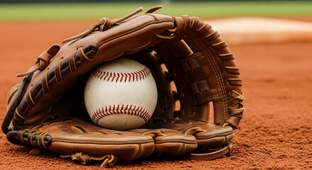 Baseball glove holding a baseball on a baseball field.