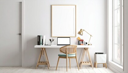 Bright Scandinavian Home Office with Trestle Desk and Blank Mockup Frame.