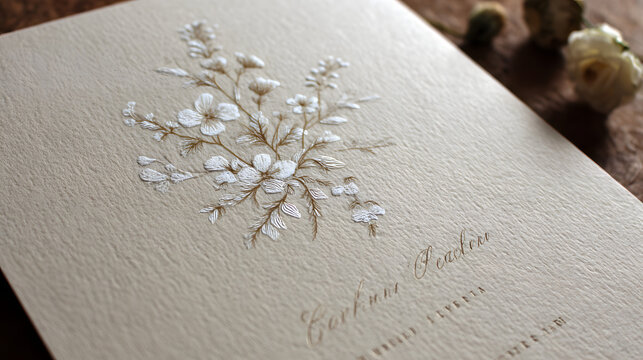 Minimalist Wedding invitation announcement. Elegant embossed floral wedding invitation on textured cream paper