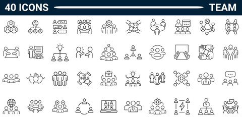 Team line icon set. Includes workshop, leadership, business people, group, teamwork, organization, and community. Editable stroke. Vector illustration